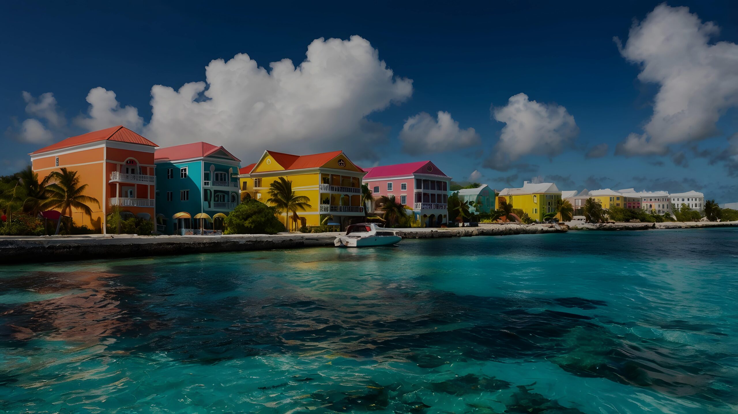 Colourful waterfront buildings and turquoise waters in The Bahamas